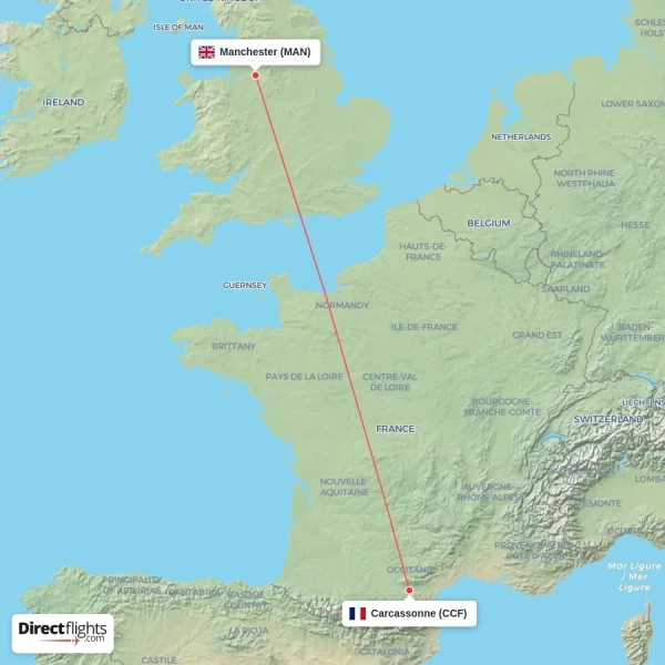 Carcassonne - Manchester direct flight map