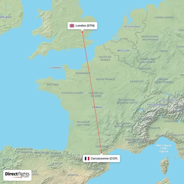 Carcassonne - London direct flight map