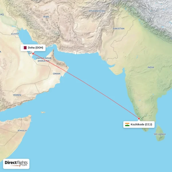 Kozhikode - Doha direct flight map