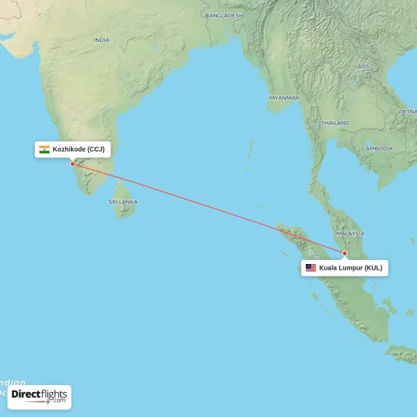 Kozhikode - Kuala Lumpur direct flight map