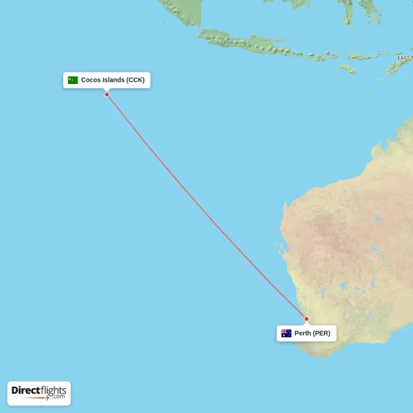 Cocos Islands - Perth direct flight map