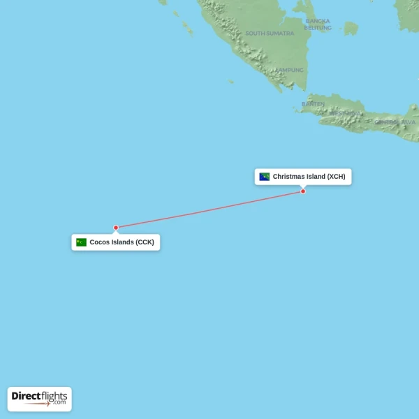 Cocos Islands - Christmas Island direct flight map