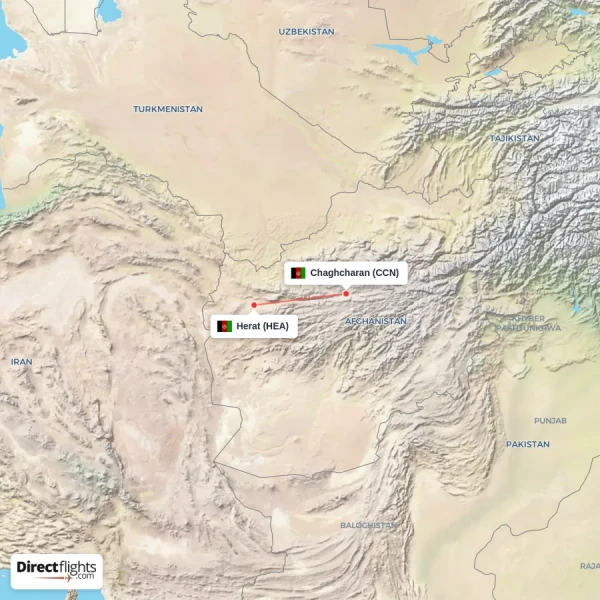 Chaghcharan - Herat direct flight map
