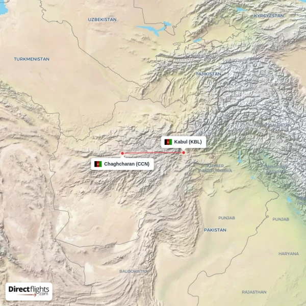 Chaghcharan - Kabul direct flight map