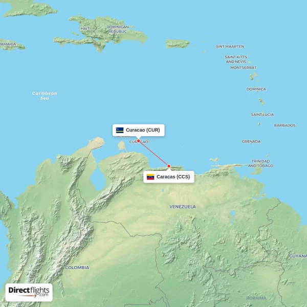Caracas - Curacao direct flight map