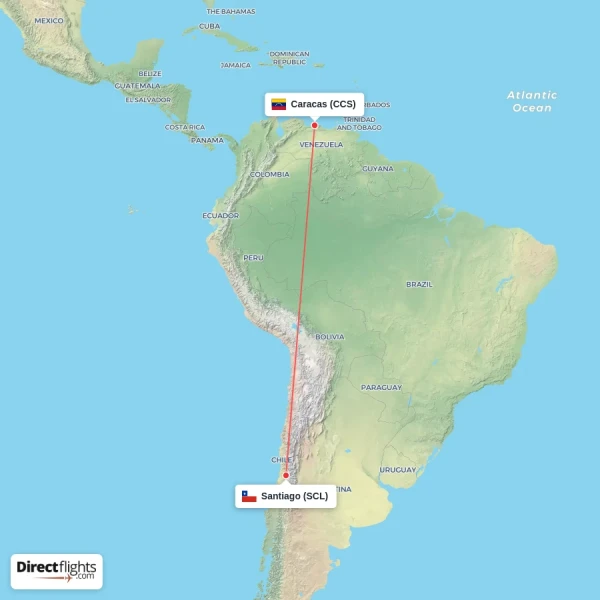 Caracas - Santiago direct flight map