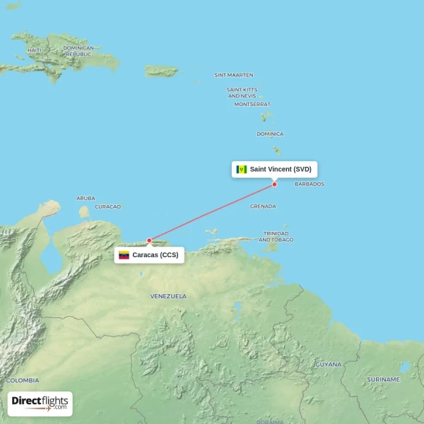 Caracas - Saint Vincent direct flight map