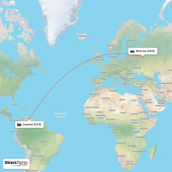 Caracas - Moscow direct flight map