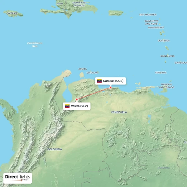Caracas - Valera direct flight map