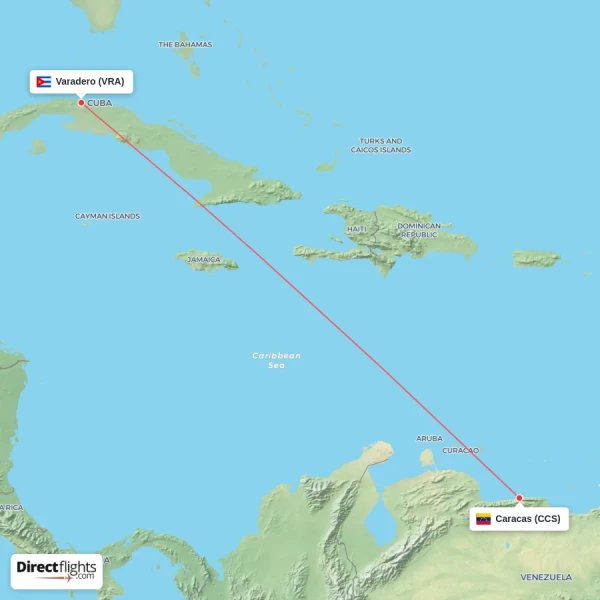 Caracas - Varadero direct flight map