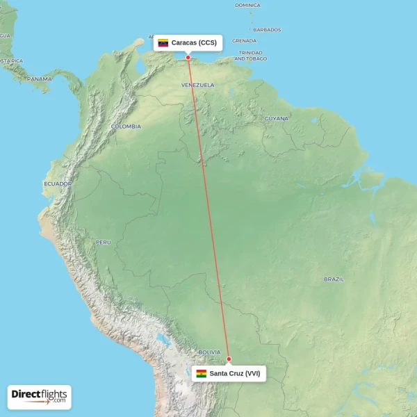 Caracas - Santa Cruz direct flight map