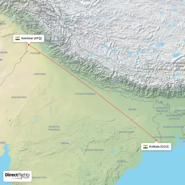 Kolkata - Amritsar direct flight map