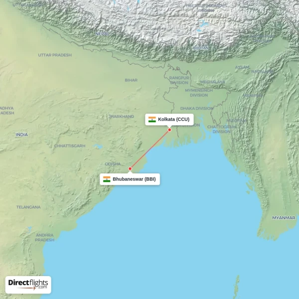 Kolkata - Bhubaneswar direct flight map