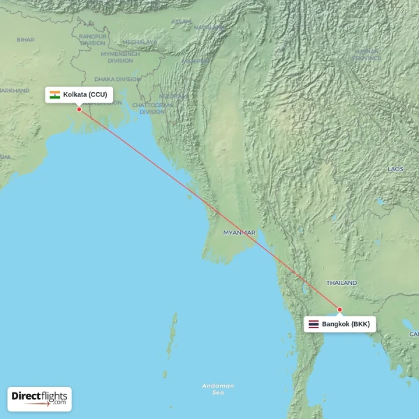 Kolkata - Bangkok direct flight map