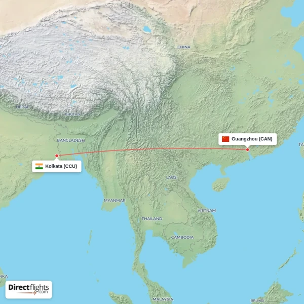 Kolkata - Guangzhou direct flight map
