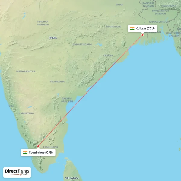 Kolkata - Coimbatore direct flight map