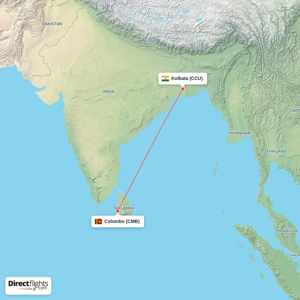 Kolkata - Colombo direct flight map