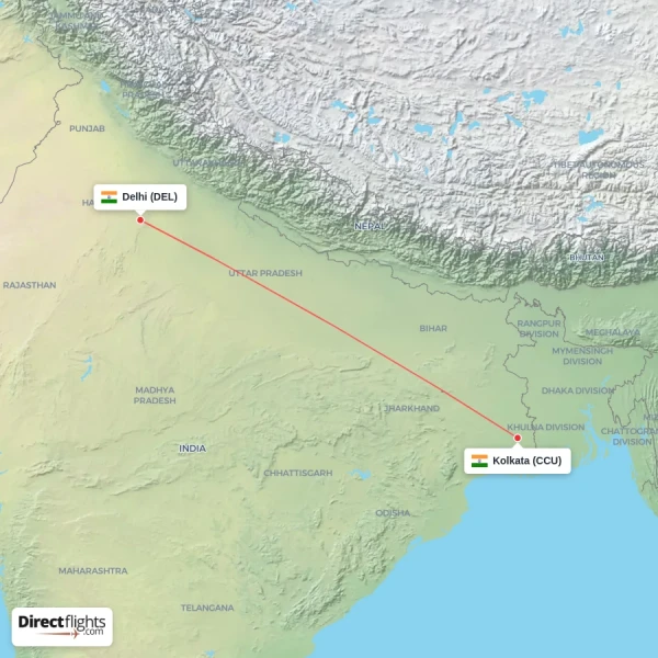 Kolkata - Delhi direct flight map