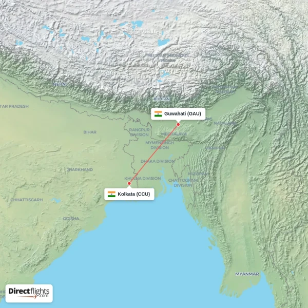 Kolkata - Guwahati direct flight map