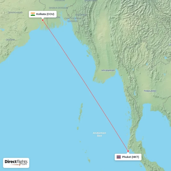 Kolkata - Phuket direct flight map