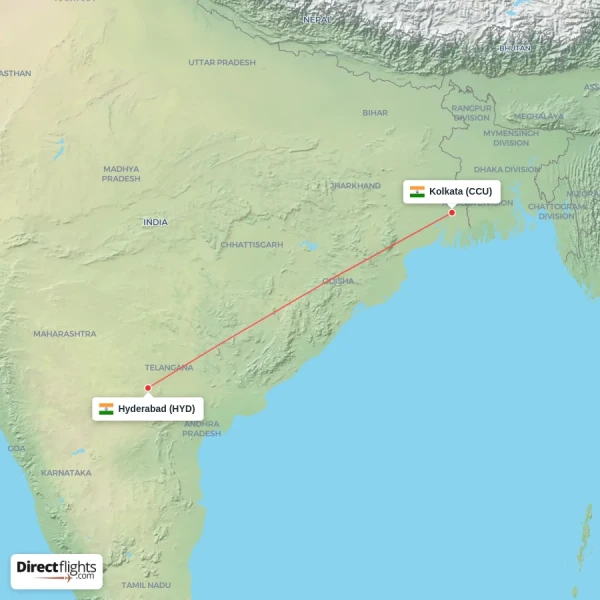 Kolkata - Hyderabad direct flight map