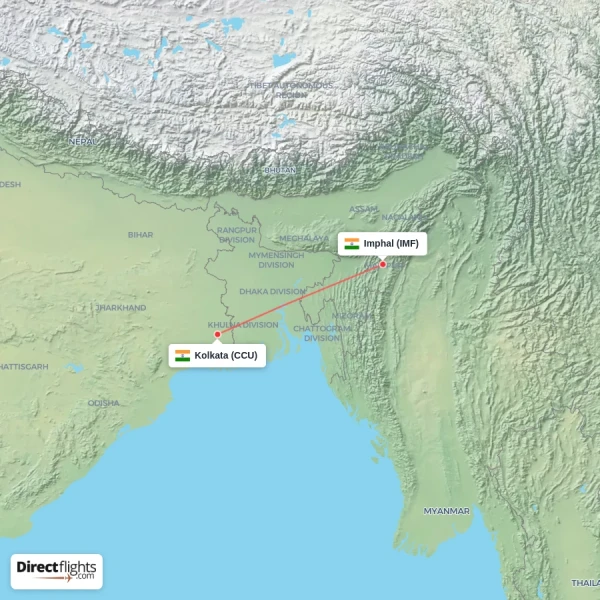 Kolkata - Imphal direct flight map