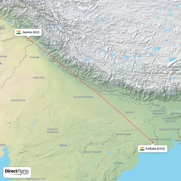 Kolkata - Jammu direct flight map