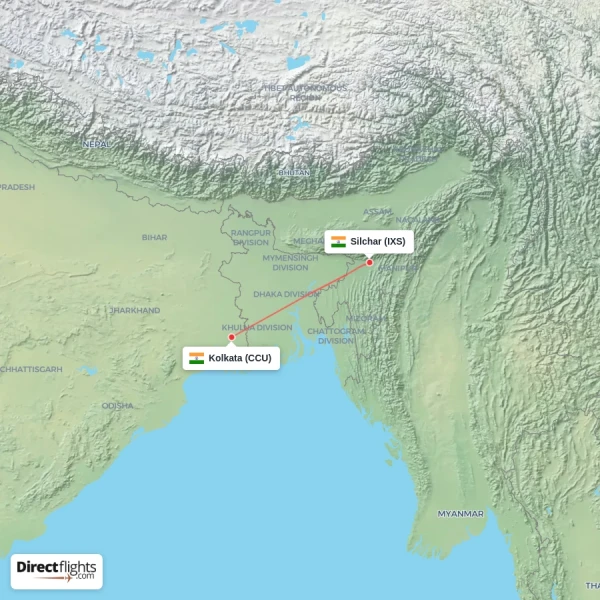 Kolkata - Silchar direct flight map