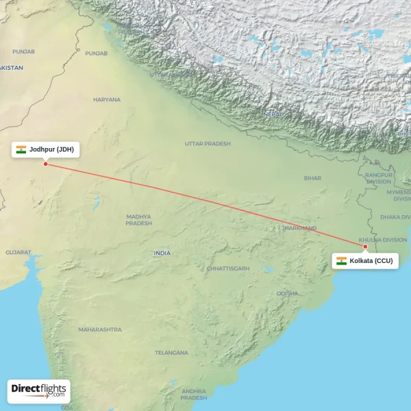 Kolkata - Jodhpur direct flight map
