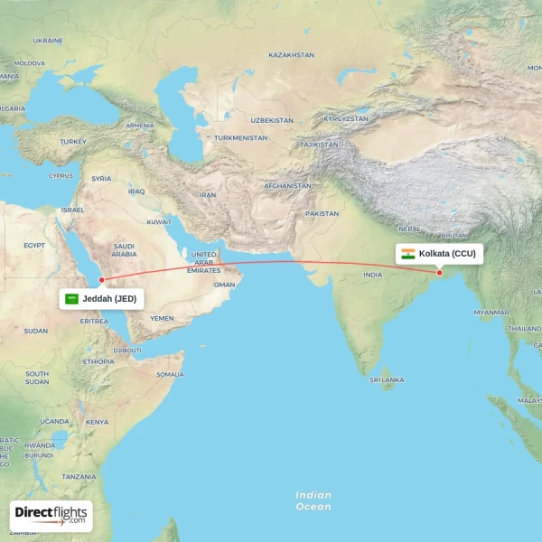 Kolkata - Jeddah direct flight map