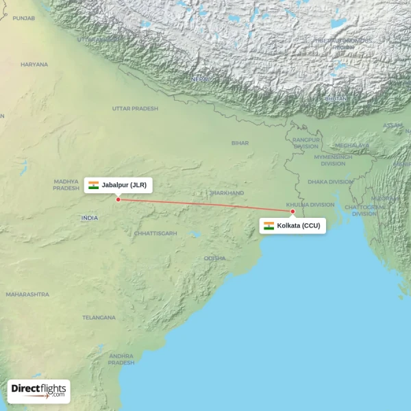Kolkata - Jabalpur direct flight map