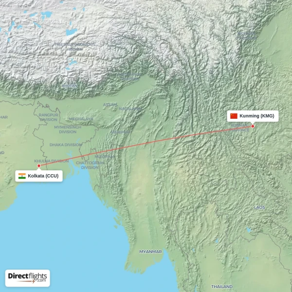 Kolkata - Kunming direct flight map