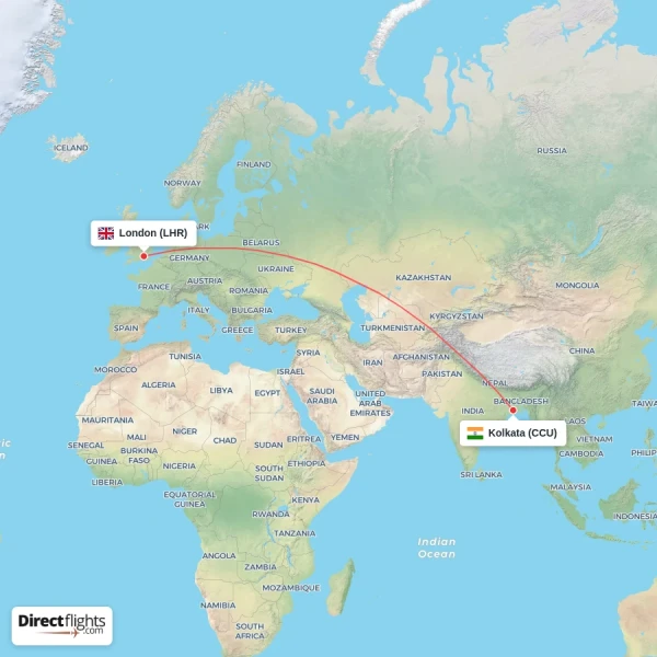 Kolkata - London direct flight map