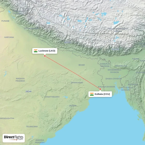 Kolkata - Lucknow direct flight map