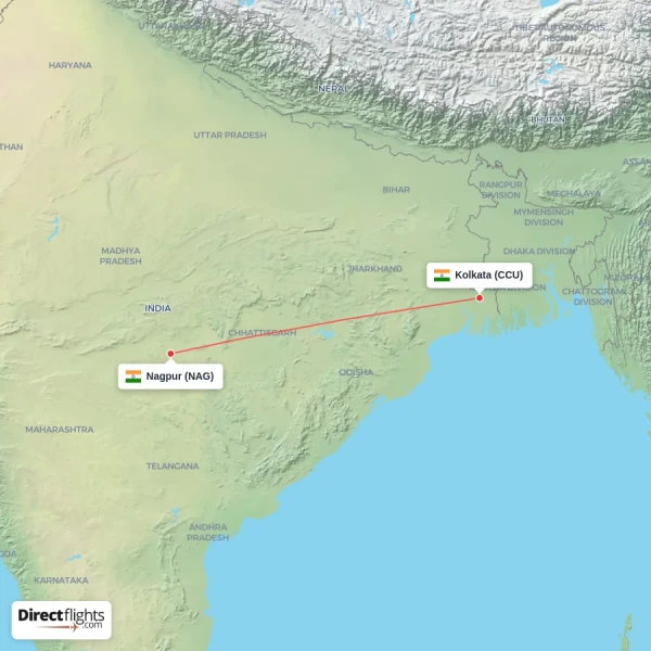 Kolkata - Nagpur direct flight map