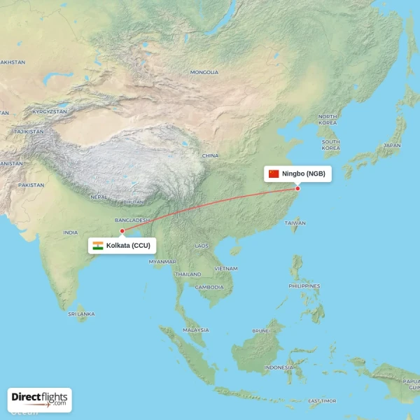 Kolkata - Ningbo direct flight map