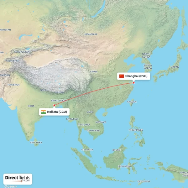 Kolkata - Shanghai direct flight map