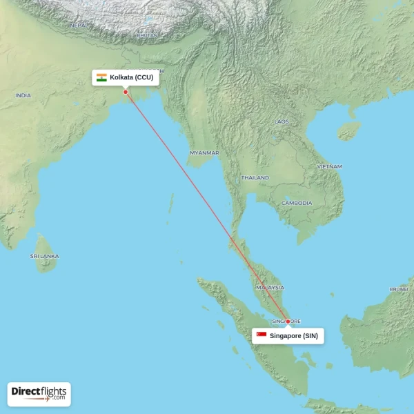 Kolkata - Singapore direct flight map