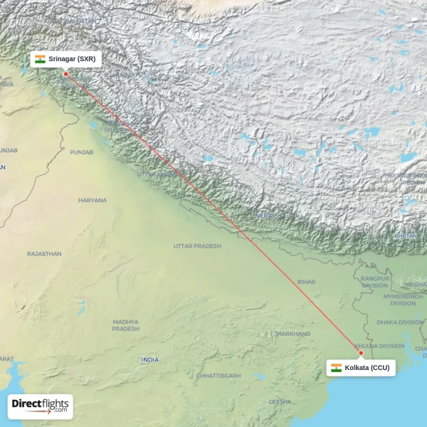 Kolkata - Srinagar direct flight map