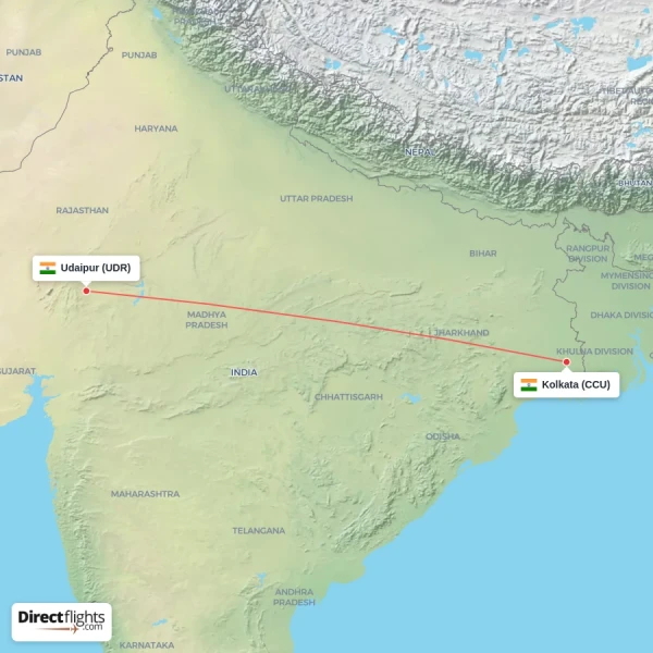 Kolkata - Udaipur direct flight map