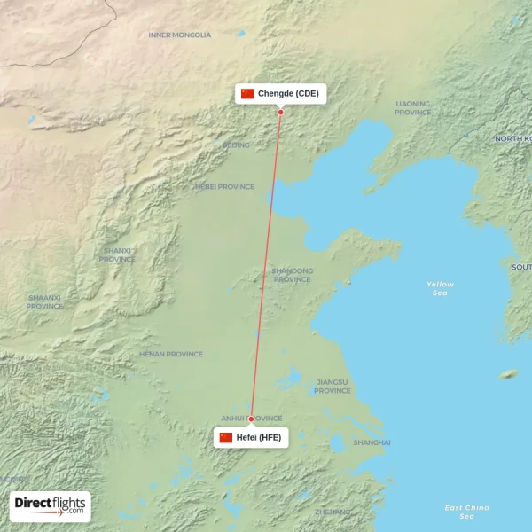 Chengde - Hefei direct flight map