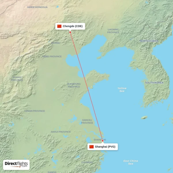 Chengde - Shanghai direct flight map