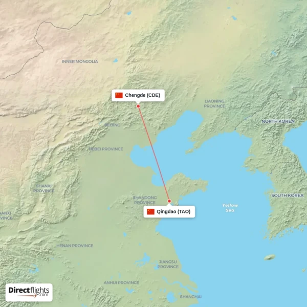 Chengde - Qingdao direct flight map