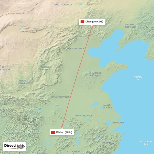 Chengde - Wuhan direct flight map