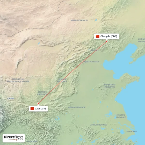 Chengde - Xian direct flight map
