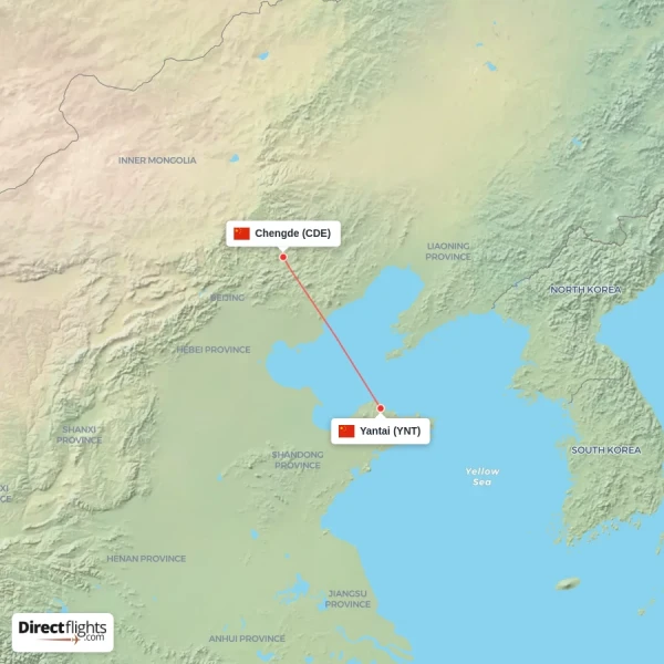 Chengde - Yantai direct flight map