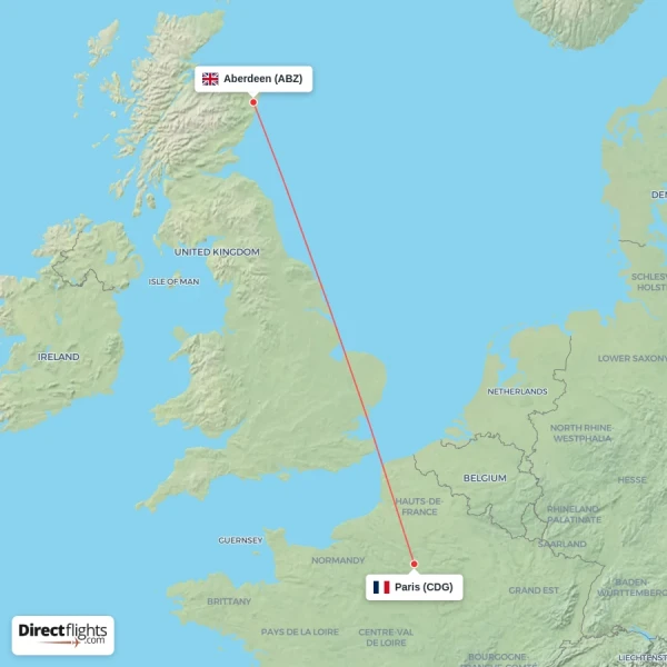 Paris - Aberdeen direct flight map