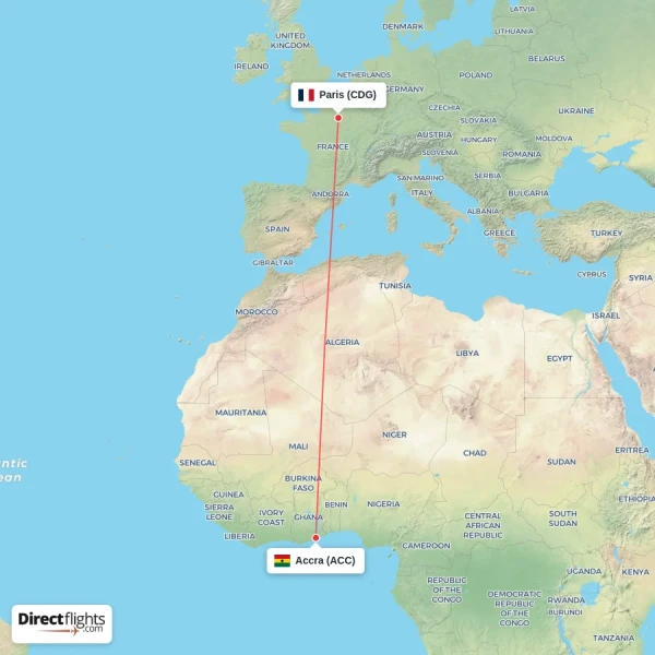 Paris - Accra direct flight map