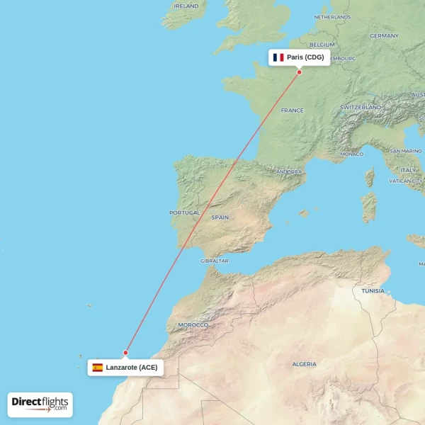 Paris - Lanzarote direct flight map
