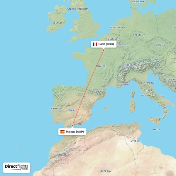 Paris - Malaga direct flight map